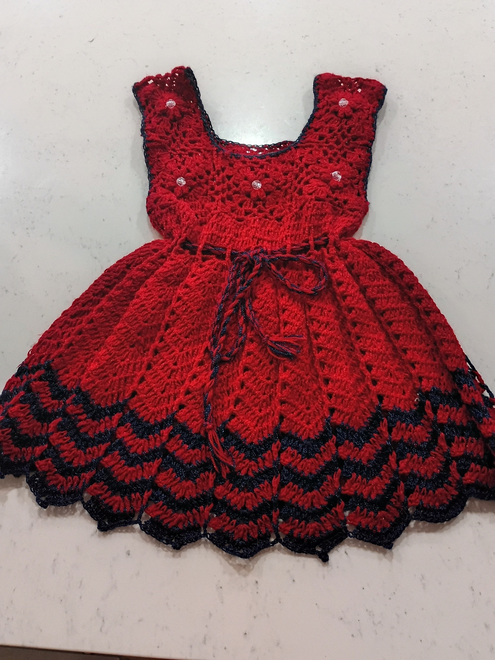 Red Crochet Girls' Casual Dress with Navy Trim